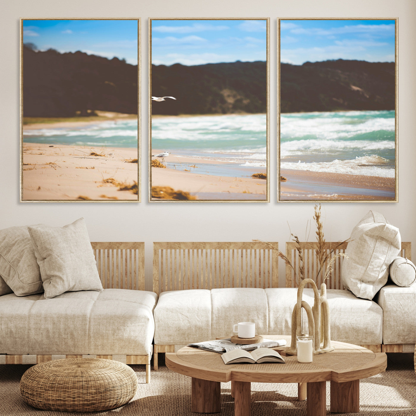 84260965-MGV-CV-36X24-Tranquil Beach Scene Wall Art Canvas Print, Framed Blue Ocean Waves Art Picture Print, Sandy Coastline Perfect Coastal Cottage Decor Artwork