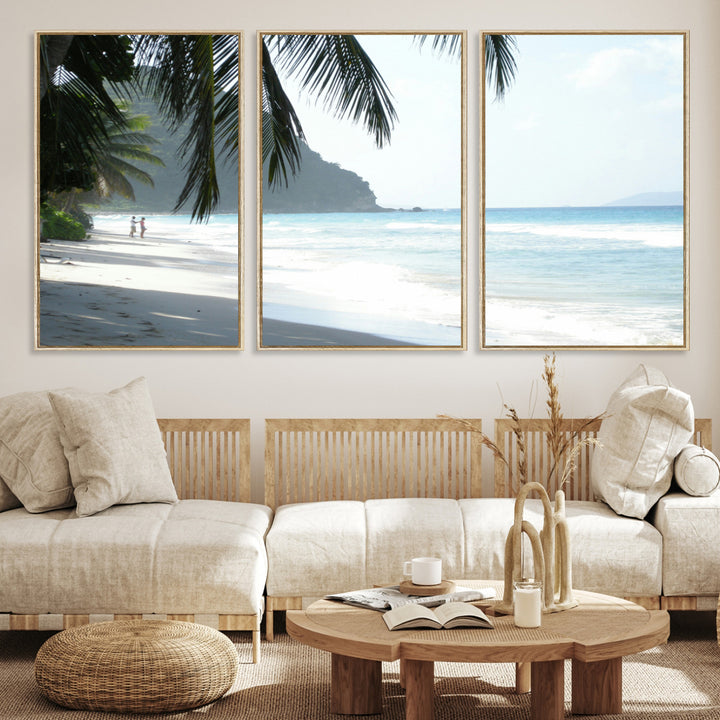 Tropical beach with palm tree shadows, white sand, and turquoise ocean waves, creating a serene and relaxing island escape atmosphere.