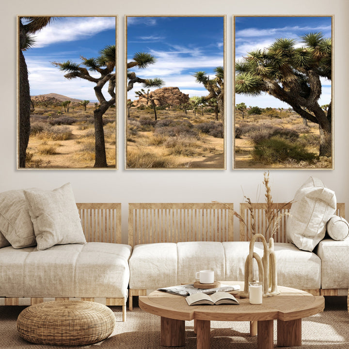 Scenic Joshua Tree landscape with rugged desert terrain, golden dry grass, and a deep blue sky, creating a warm, rustic Southwestern aesthetic.