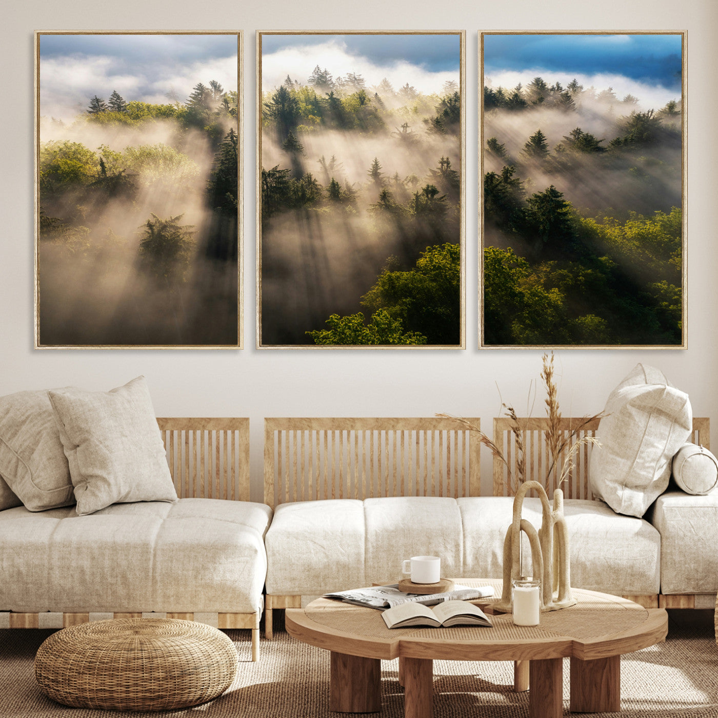 14785710-MGV-CV-36X24-Tranquil Forest Scene Wall Art Canvas Print, Framed Sunbeam Through Trees Art Picture Print, Moody Green Wall Art Perfect Scandinavian
