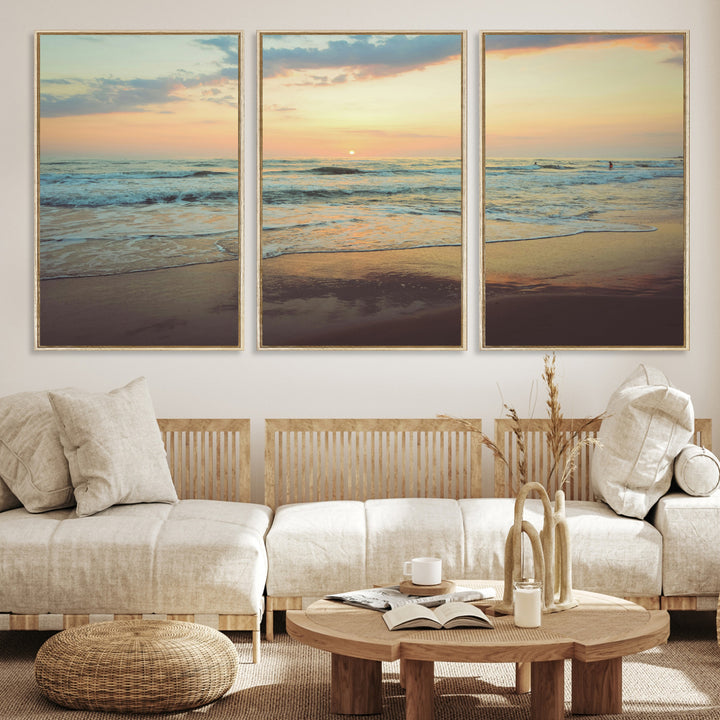 Warm sunset over gentle ocean waves with pastel sky and reflections on wet sand, creating a calm and soothing beach ambiance.