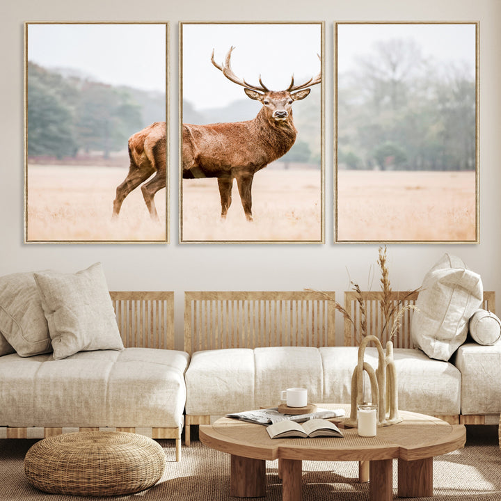 Vintage Wildlife Canvas Print, Framed Misty Landscape Art Picture Print, Deer Wall Art Perfect Rustic Wildlife Decor Artwork