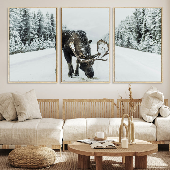 Moose in Snow Wall Art Canvas Print, Framed Winter Wildlife Art Picture Print, Snowy Forest Scene Perfect Rustic Lodge Decor Artwork