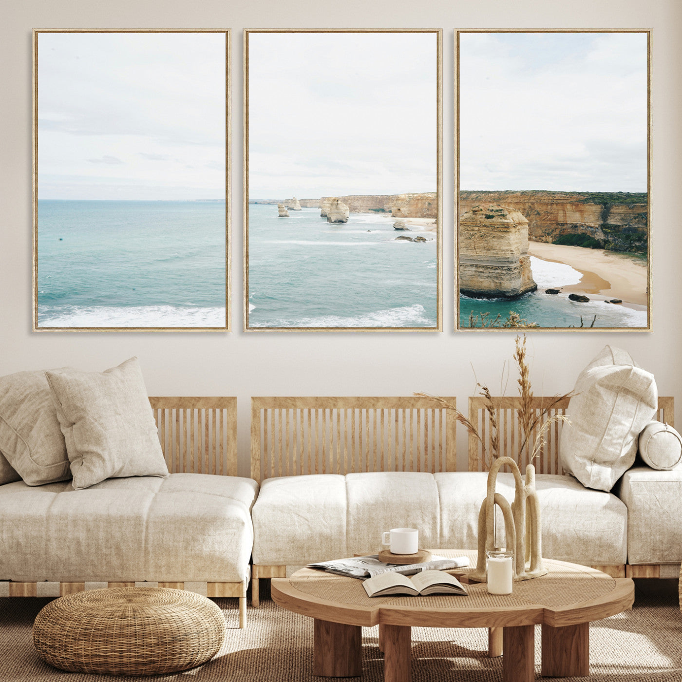 70095633-MGV-CV-36X24-Twelve Apostles Wall Art Canvas Print, Framed Coastal Cliffs Art Picture Print, Rugged Rock Formations Perfect Minimalist Coastal Decor