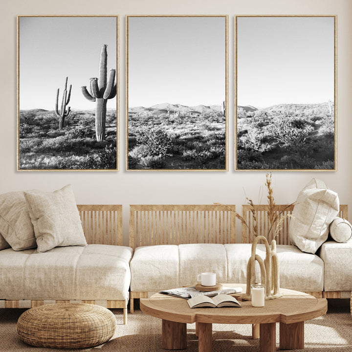 Saguaro Cactus Wall Art Canvas Print, Monochrome Landscape Print, Framed Scenic Arizona Art Print, Large Timeless Western Aesthetic Printing