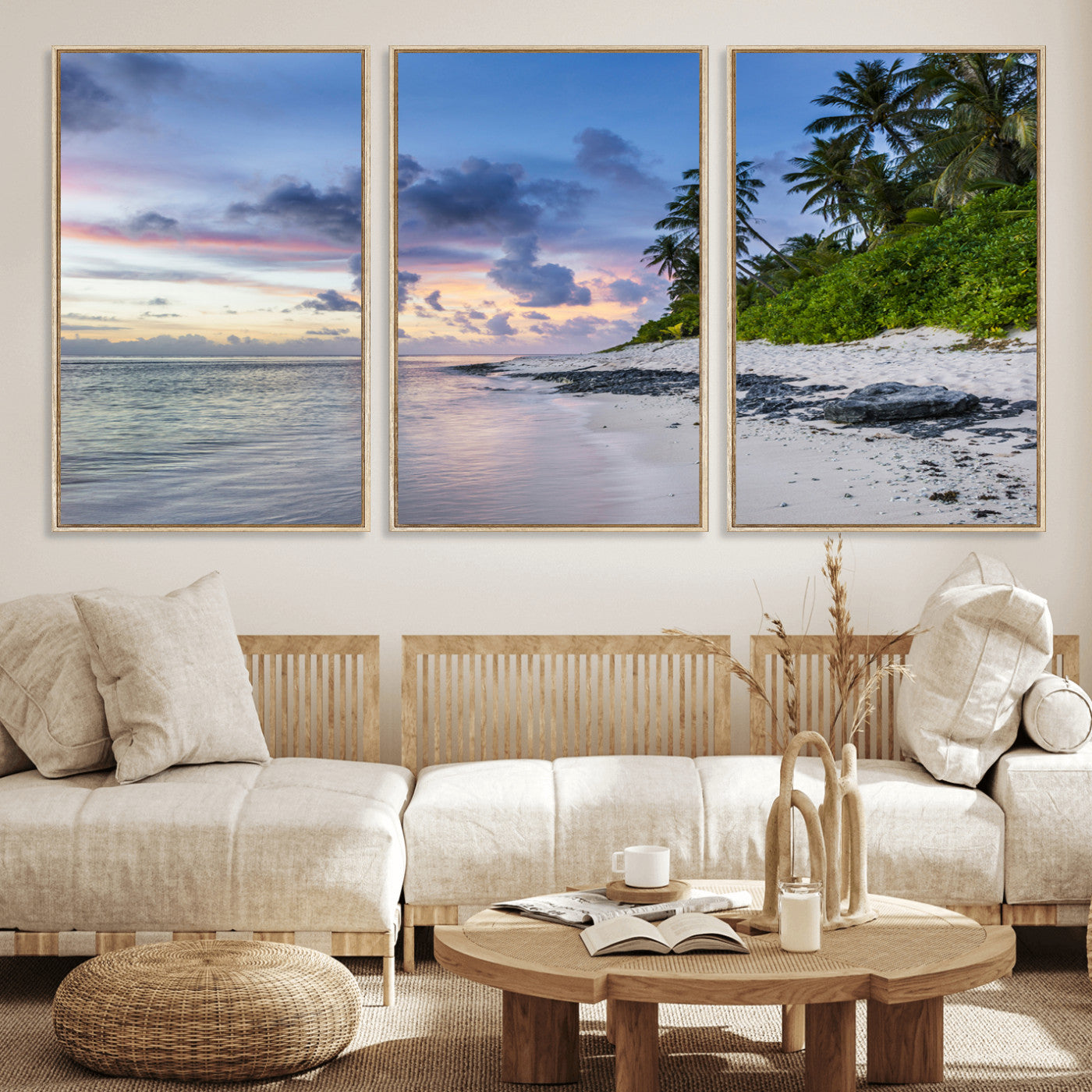 MGV-FC-60X30-3P - Tropical Beach Wall Art Canvas Print, Framed Sunset Glow Art Picture Print, Palm Tree Coast Perfect Tropical Coastal Decor Artwork