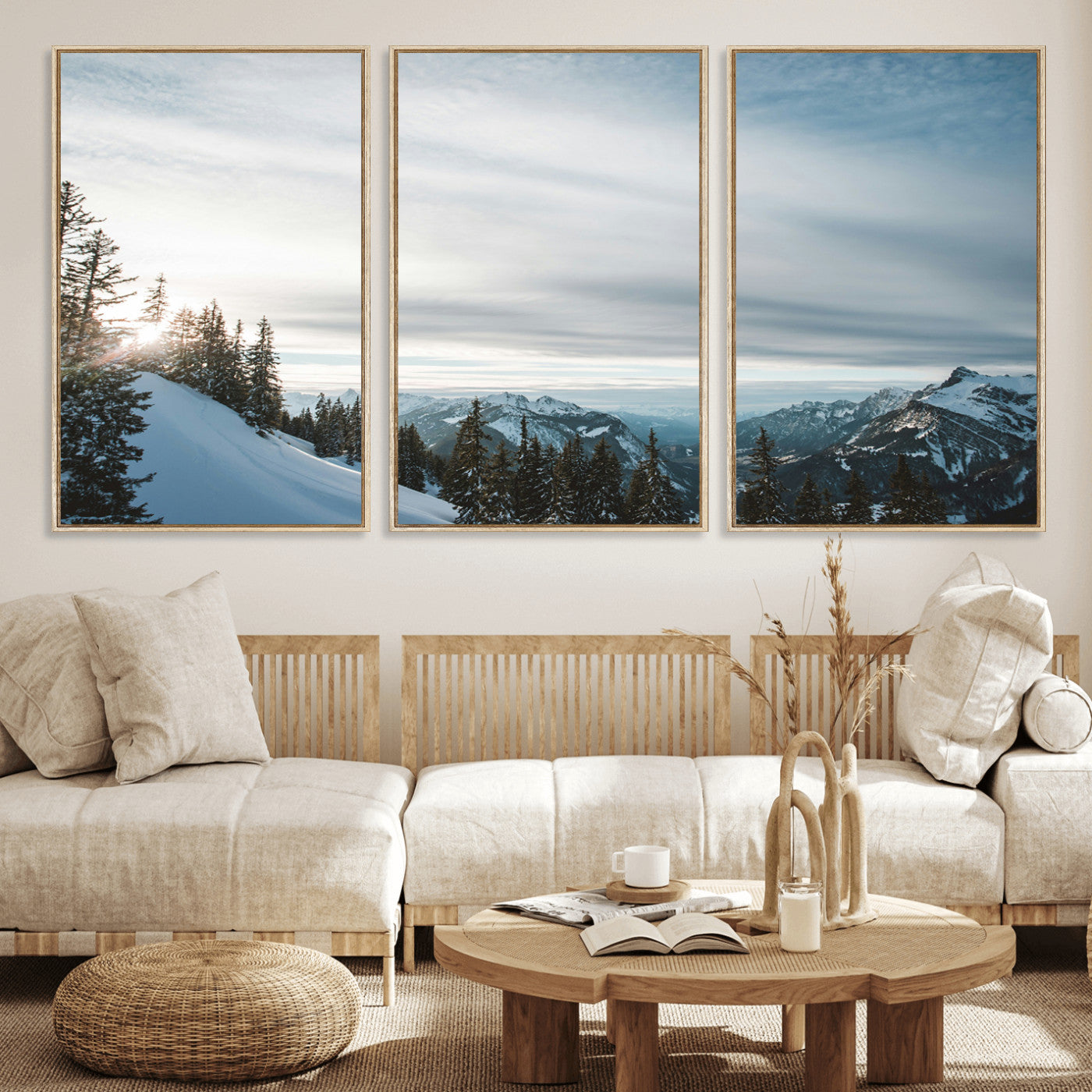 MGV-FC-60X30-3P - Snowy Mountains Wall Art Canvas Print, Framed Alpine Landscape Art Picture Print, Frosty Peaks Perfect Nordic Minimalist Decor Artwork