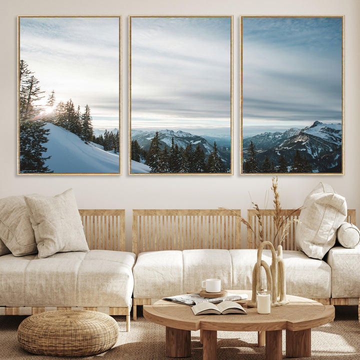 A breathtaking view of snow-covered mountains with evergreen trees and soft sunlight peeking through, creating a serene and peaceful winter scene.