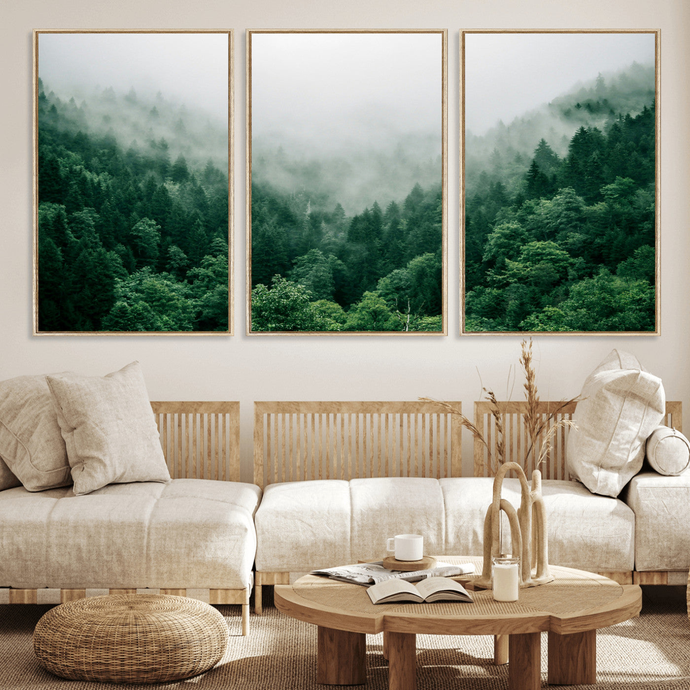 MGV-FC-60X30-3P - Misty Green Forest Canvas Print – Serene Foggy Pine Landscape Wall Art, Tranquil Nature Decor for