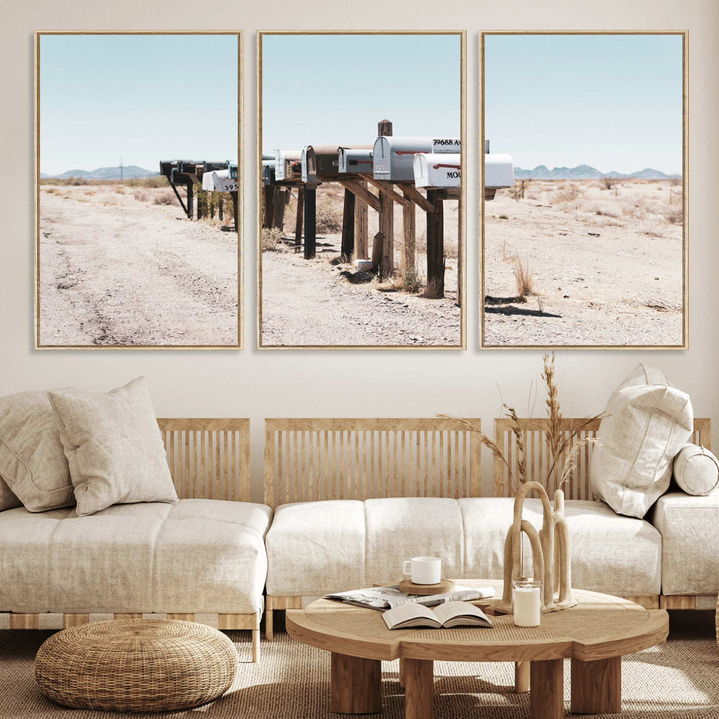 MGV-FC-60X30-3P - Desert Mailboxes Canvas Print – Minimal Western Landscape Photography, Rustic Americana Wall Art for