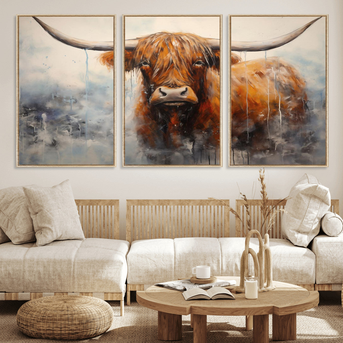 MGV-FC-60X30-3P - Scottish Highland Wall Art Canvas Print, Framed Longhorn Art Picture Print, Western Cow Perfect Farmhouse Decor Artwork