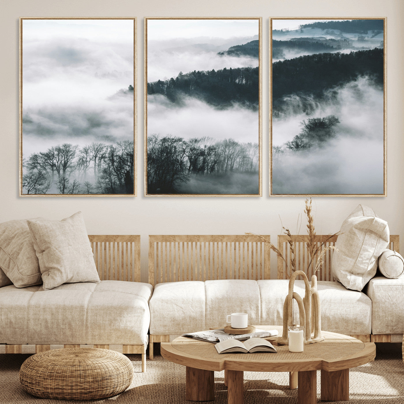 67569654-MGV-CV-36X24-Foggy Forest Landscape Wall Art Canvas Print – Misty Mountain Valley Scene in Monochrome Tones, Perfect for Minimalist or Nordic Home Decor