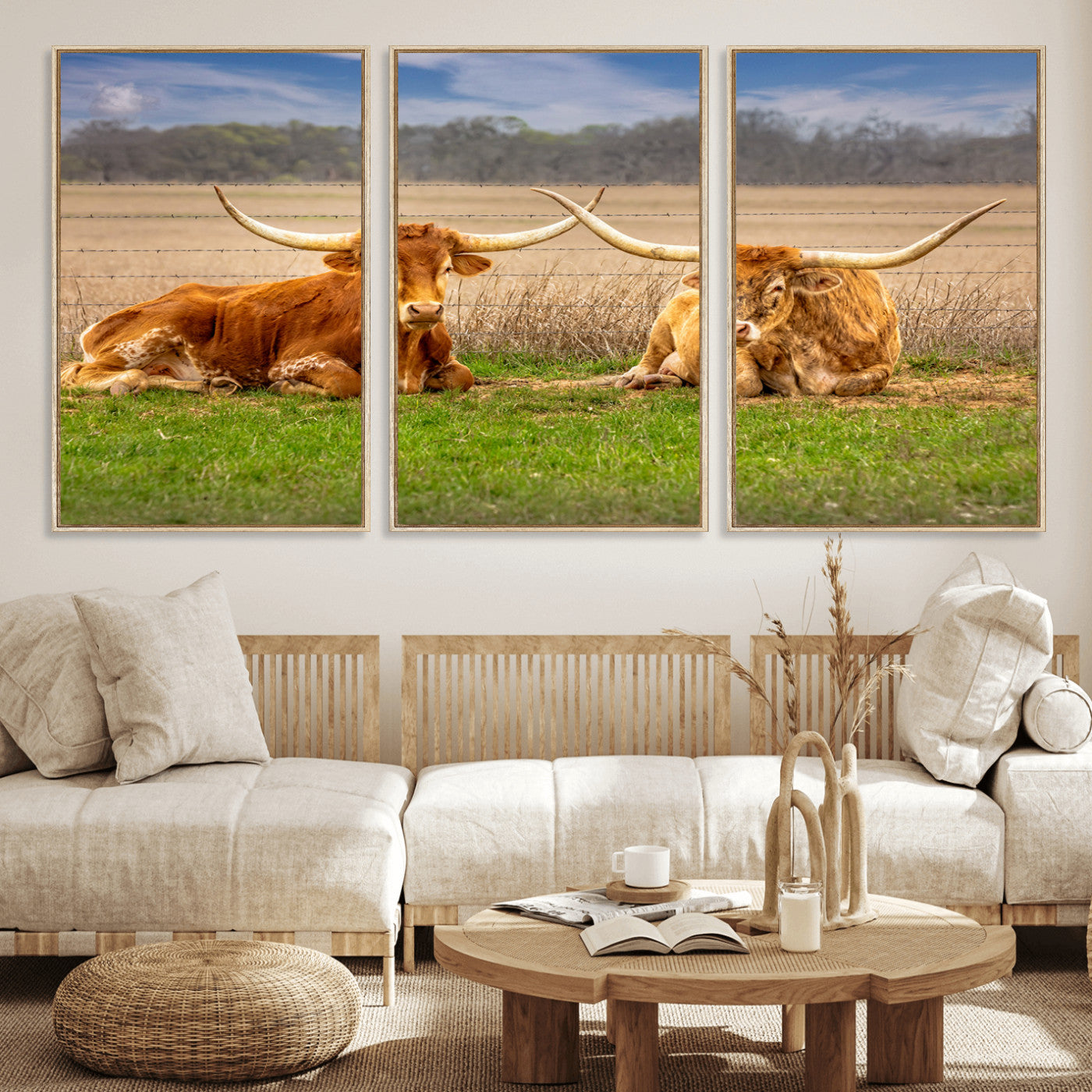 MGV-FC-60X30-3P - Texas Longhorn Pair Wall Art Canvas Print – Peaceful Rustic Ranch Scene with Two Cattle in Field,