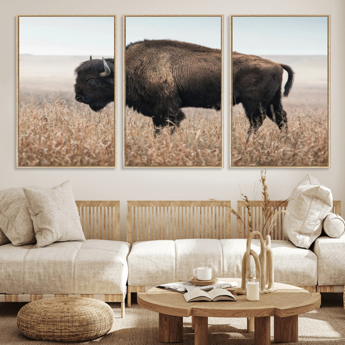 MGV-FC-60X30-3P - American Bison in Field  Wall Art Canvas Print – Powerful Winter Wildlife Scene with Buffalo in
