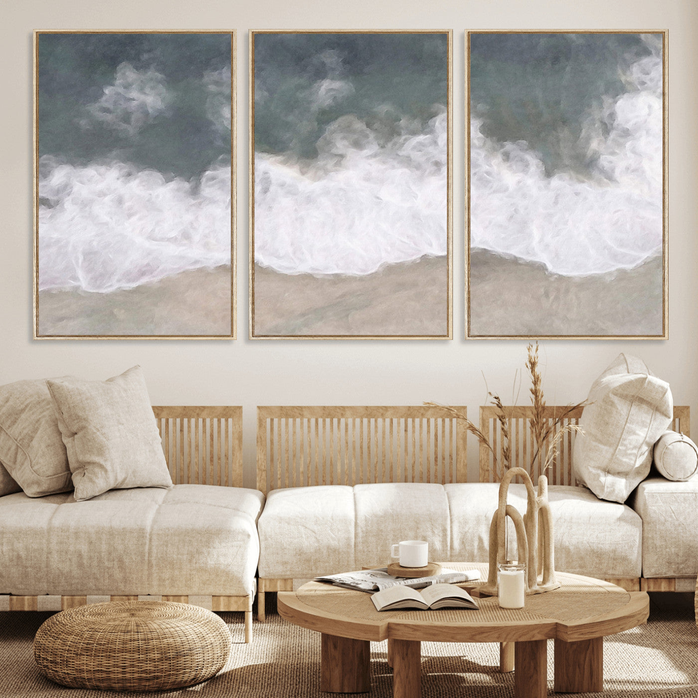 Wall art canvas print featuring foamy ocean waves softly rolling onto a sandy shore with a dreamy, painterly texture.