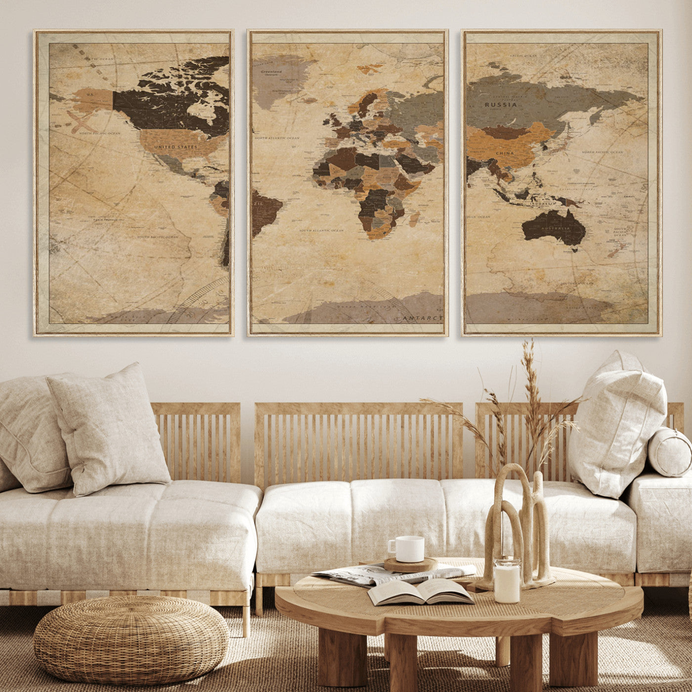 Vintage-style world map with muted brown, beige, and sepia tones, showing countries and continents with a weathered paper texture background.