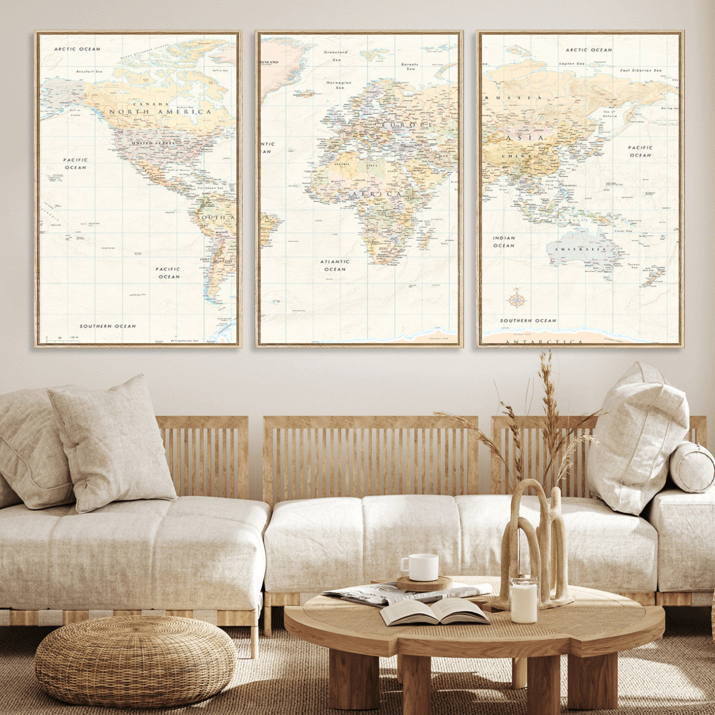 An antique-style world map showing continents, countries, and oceans with soft beige tones, detailed borders, and classic typography, enhanced by a subtle grid overlay and a vintage compass rose.