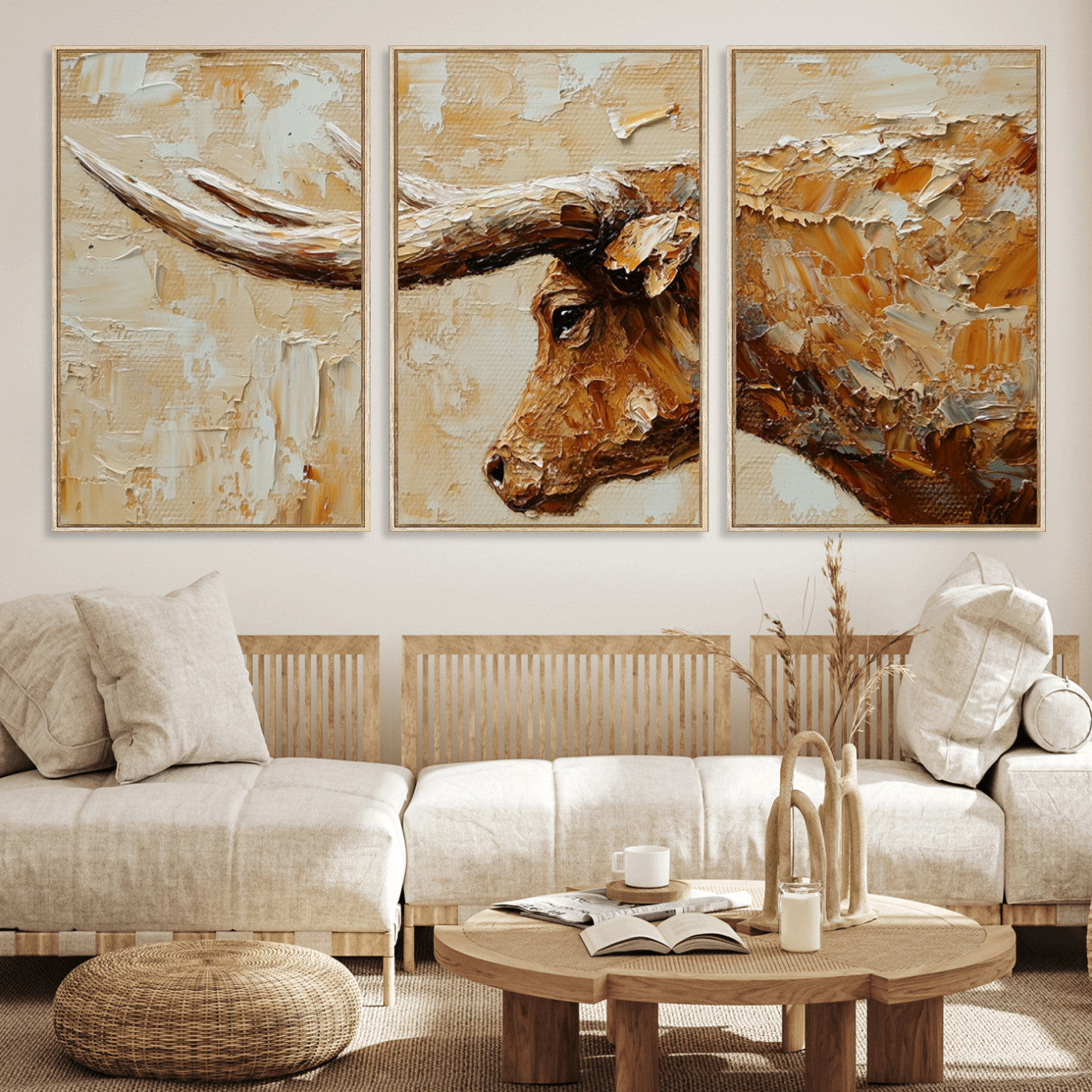 Rustic Longhorn Bull Wall Art Canvas Print – Vintage Western Cattle Painting, Texas Steer Artwork for Ranch, Farmhouse or Cowboy Decor
