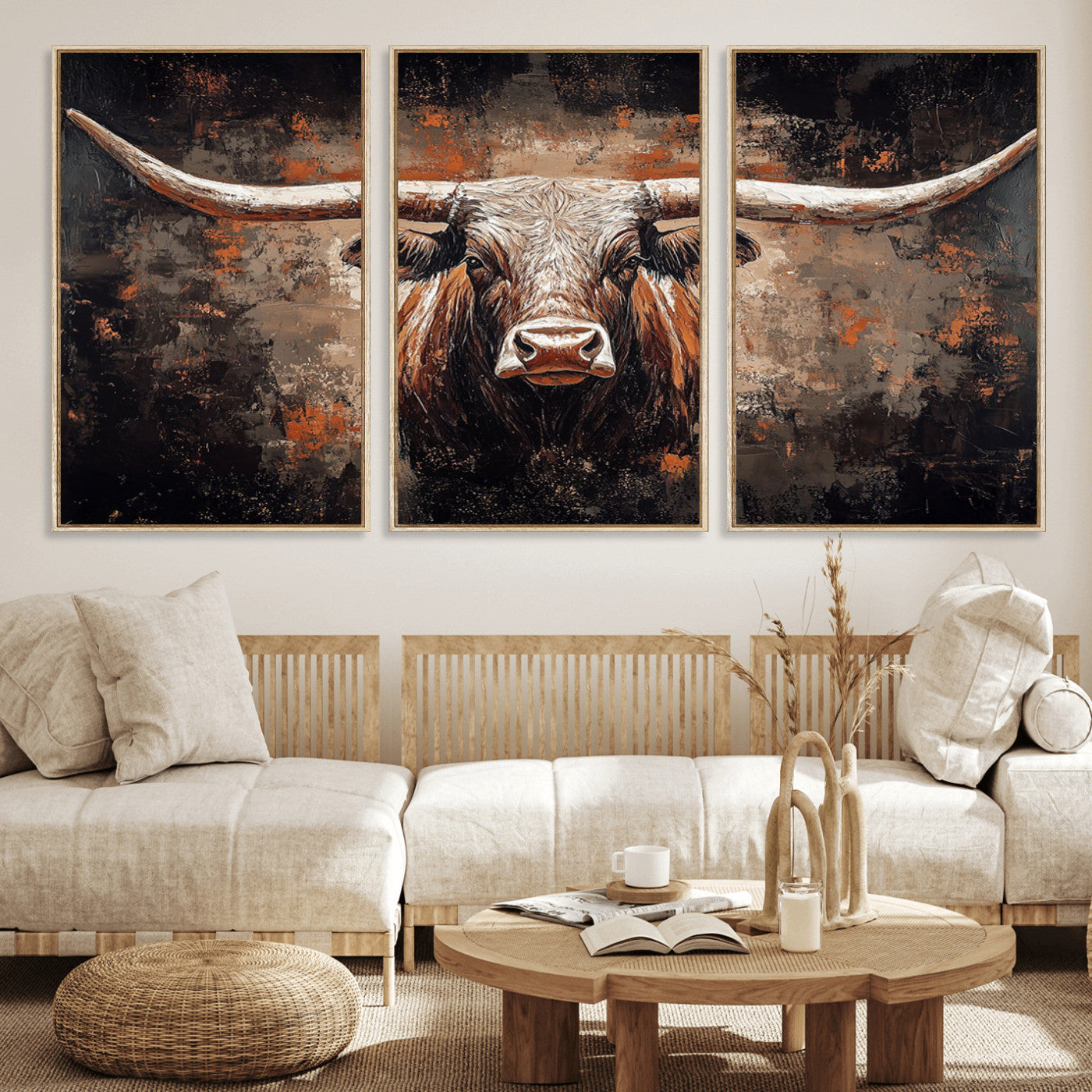 Rustic Longhorn Bull Wall Art Canvas Print – Vintage Western Cattle Painting, Texas Steer Artwork for Ranch, Farmhouse or Cowboy Decor