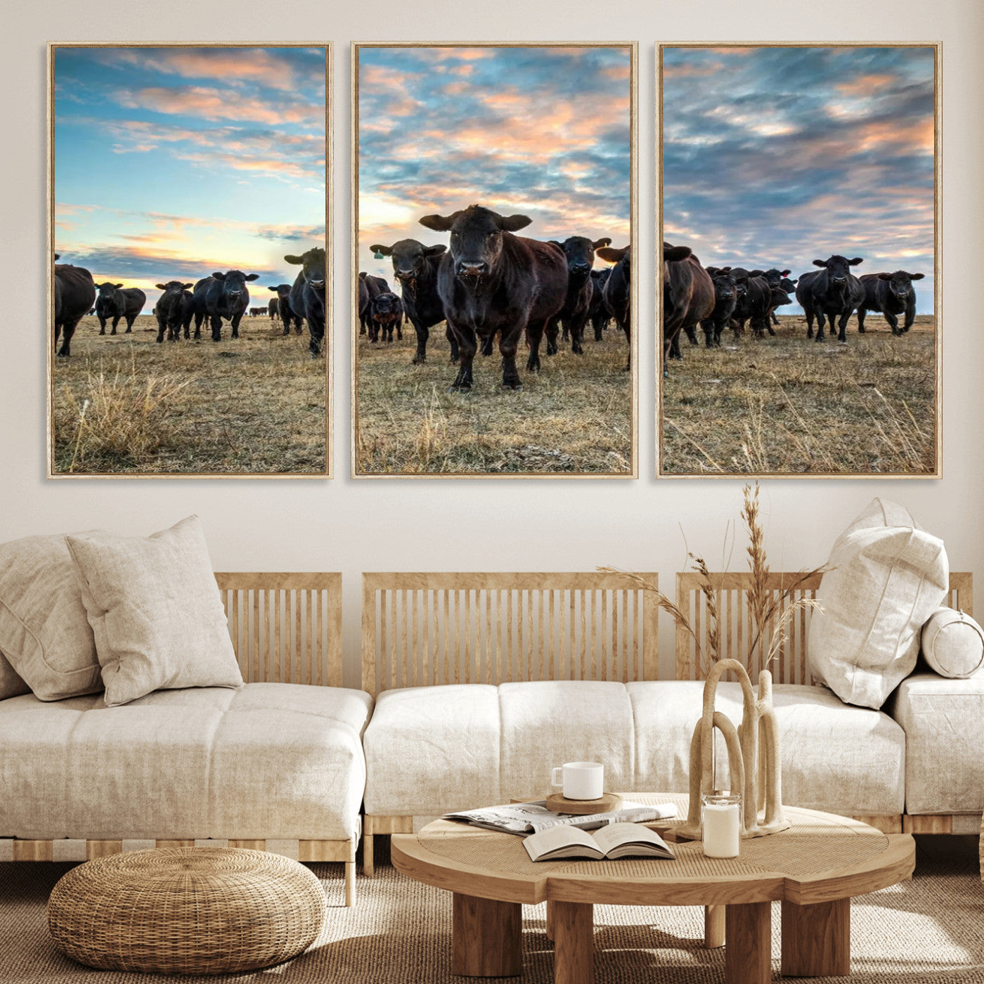 MGV-FC-60X30-3P - Texas Longhorn Cattle Wall Art Canvas Print – Rustic Western Ranch Scene with Steers at Sunset,