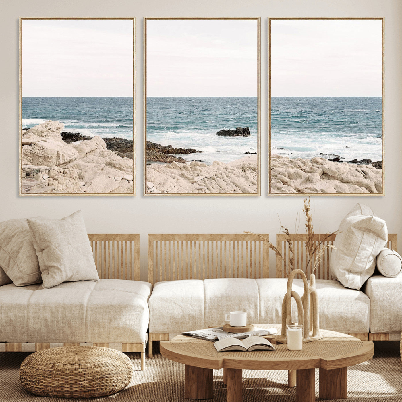 Coastal Ocean View Wall Art Canvas Print – Serene Rocky Shoreline and Blue Sea Photography for Coastal Chic or Minimalist Home Decor
