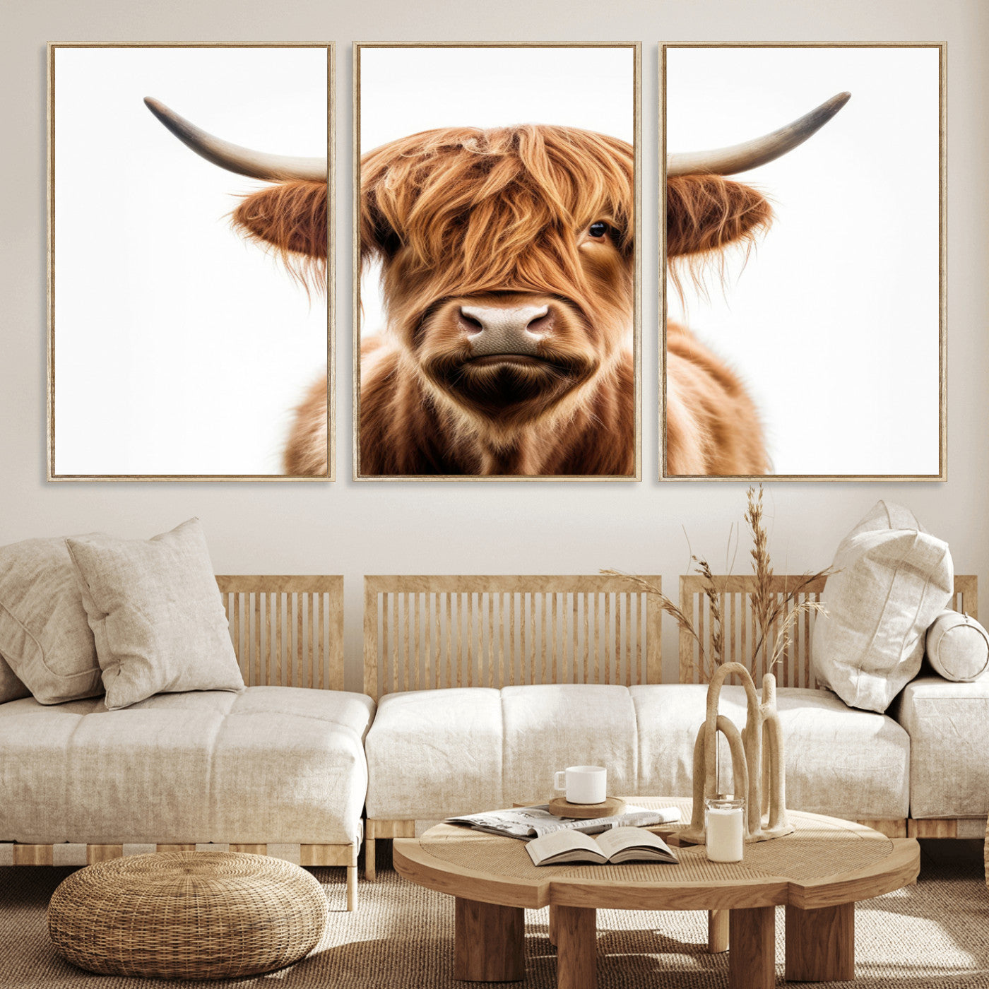637908607-MGV-FC-60X30-3P_Natural-Scottish Highland Cow Canvas Print, Framed Highland Cow Canvas Home Decor