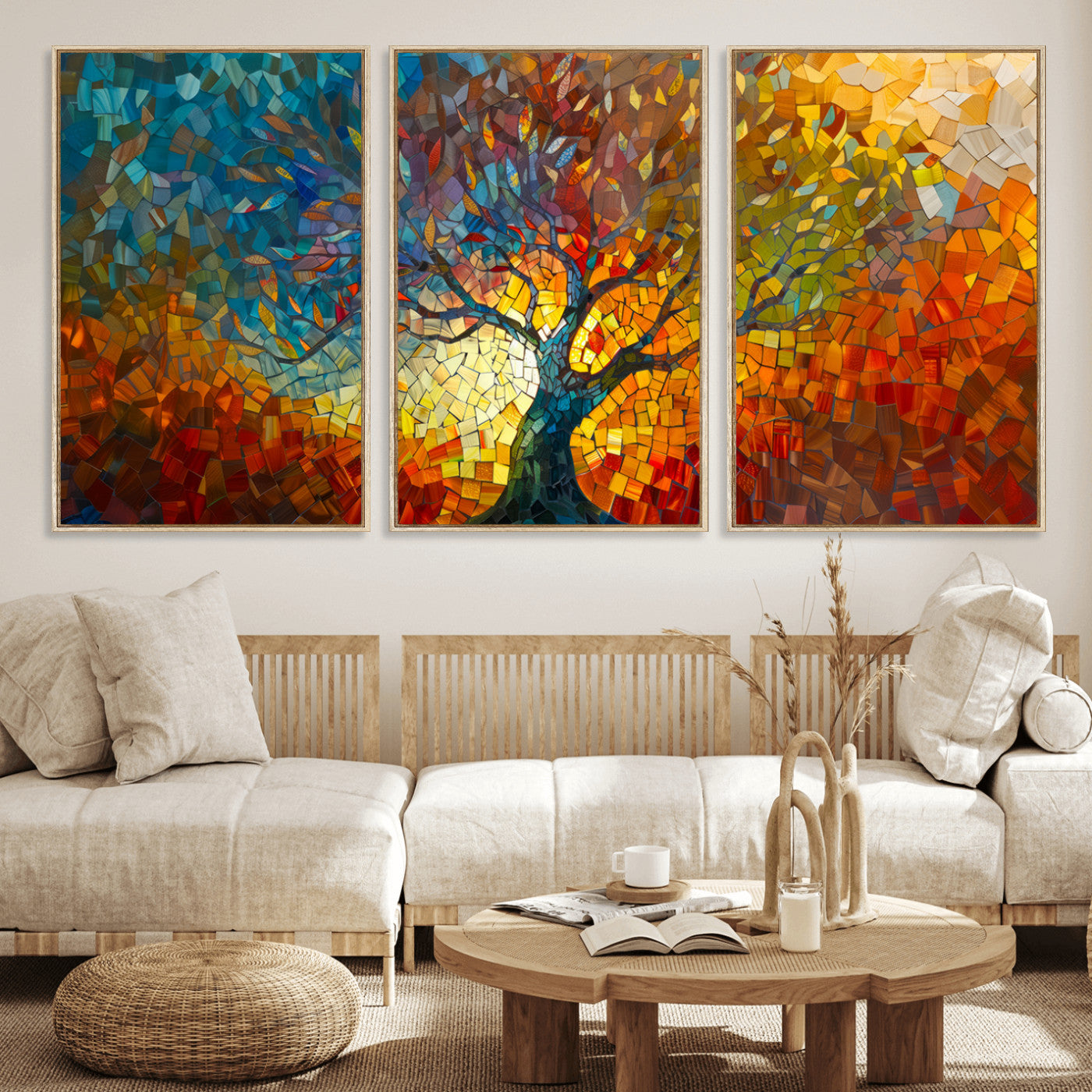 MGV-FC-60X30-3P - Yggdrasil Tree of Life Mosaic Stained Glass Wall Art Canvas, Yggdrasil Tree of Life Mosaic Canvas