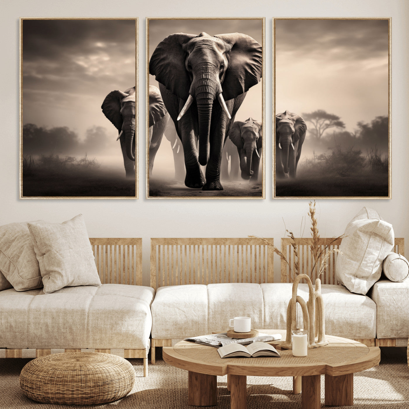 MGV-FC-60X30-3P - Elephant Family Wall Art Canvas Print, Framed Elephant Wall Art Home Decor