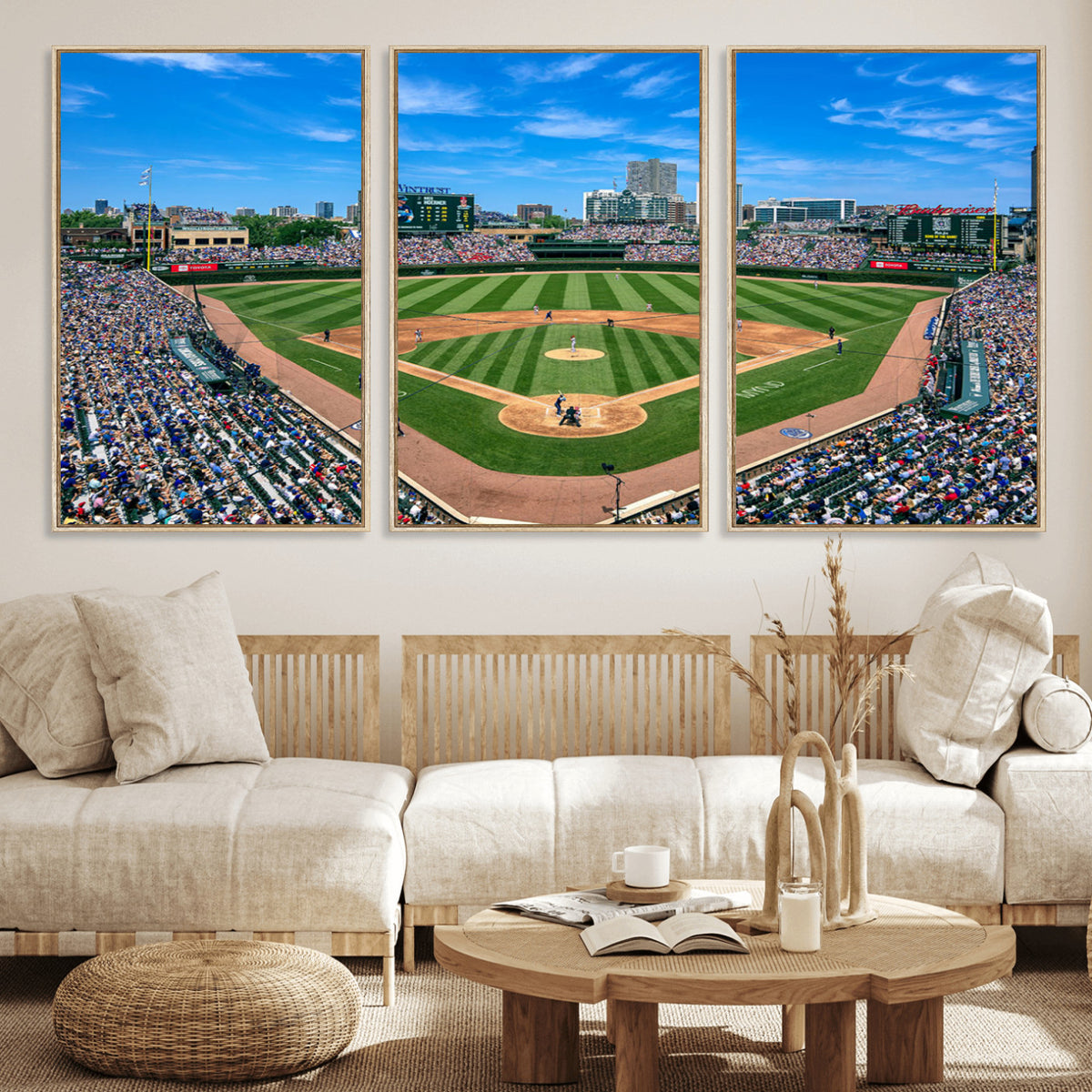 35800083-MGV-CV-36X24 - Wrigley Field Baseball Stadium Canvas Wall Art – Packed Crowd Sports Stadium City Skyline Artwork for Home Office