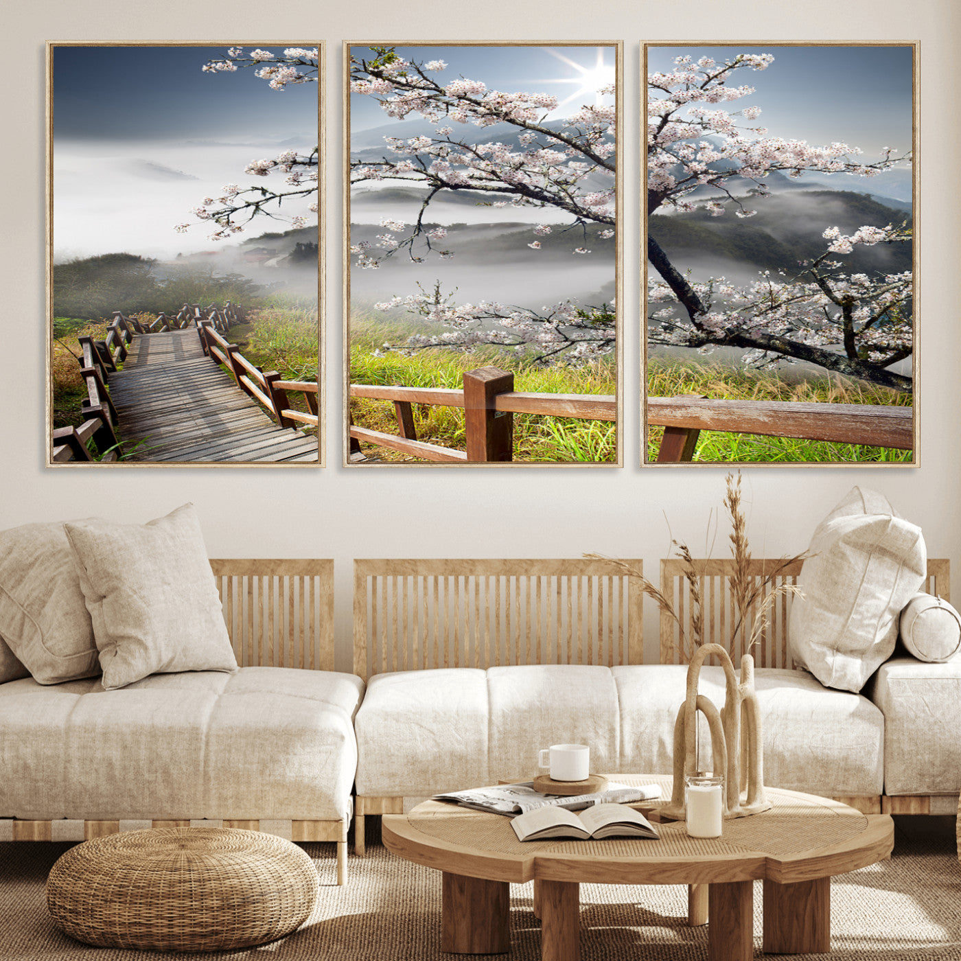 MGV-FC-60X30-3P - Sakura Cherry Blossom Pathway Canvas Wall Art – Tranquil Walk Through Blossoming Nature – Ready to