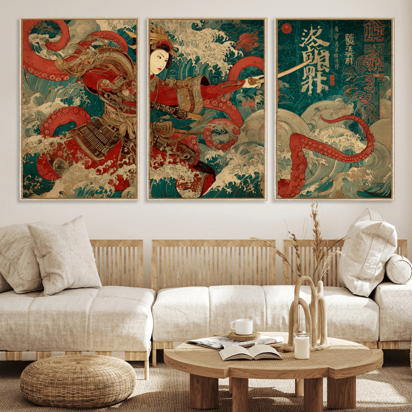 MGV-FC-60X30-3P - Tsukioka Yoshitoshi Samurai Wall Art Print, Japanese Katana Warrior Canvas Wall Art, Octopus Sea Monster Canvas Print,