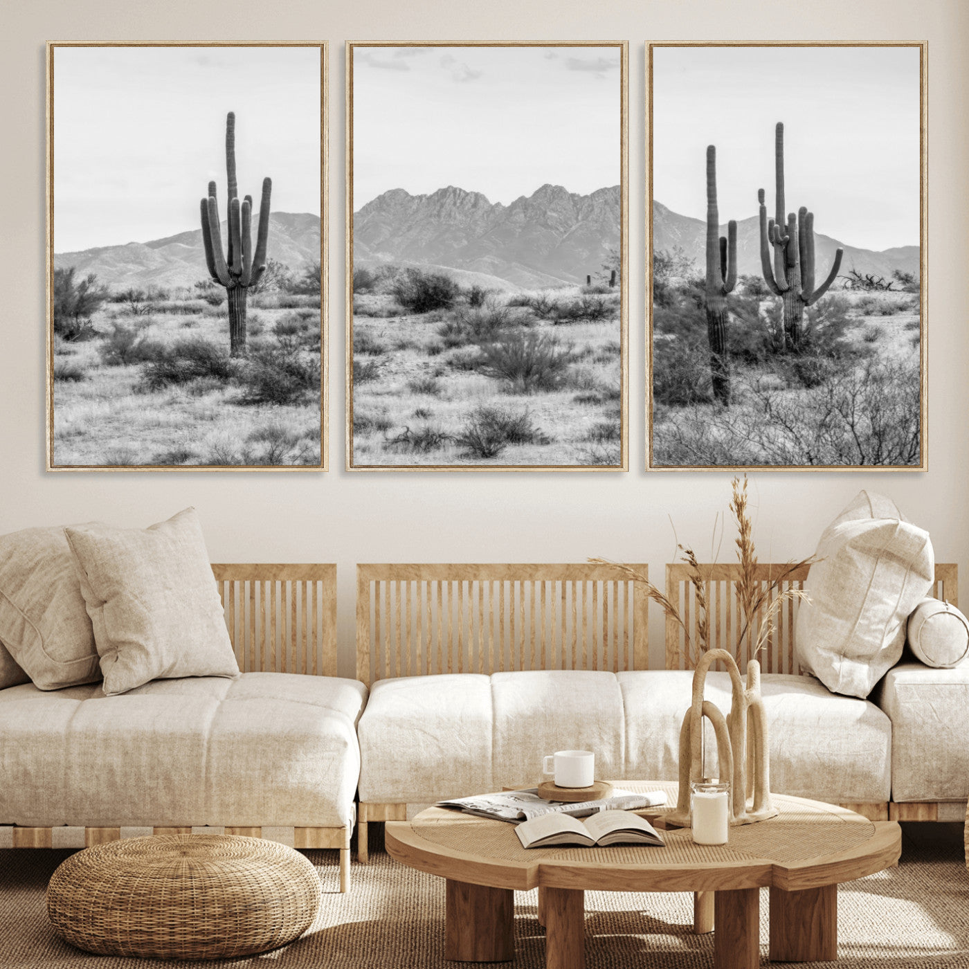 MGV-FC-60X30-3P - Black White Arizona Desert Canvas Wall Art Cactus Farmhouse Wall Art