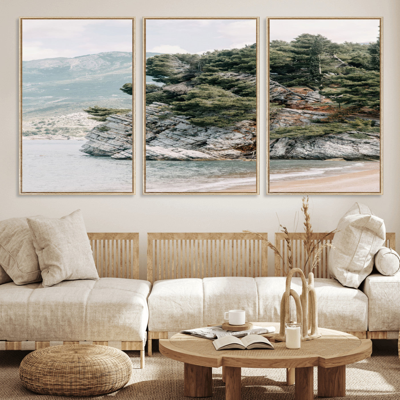 MGV-FC-60X30-3P - Coastal Rock Canvas Wall Art Print, Scenic Beach Landscape, Pine Trees on Rocky Cliff, Large Nature