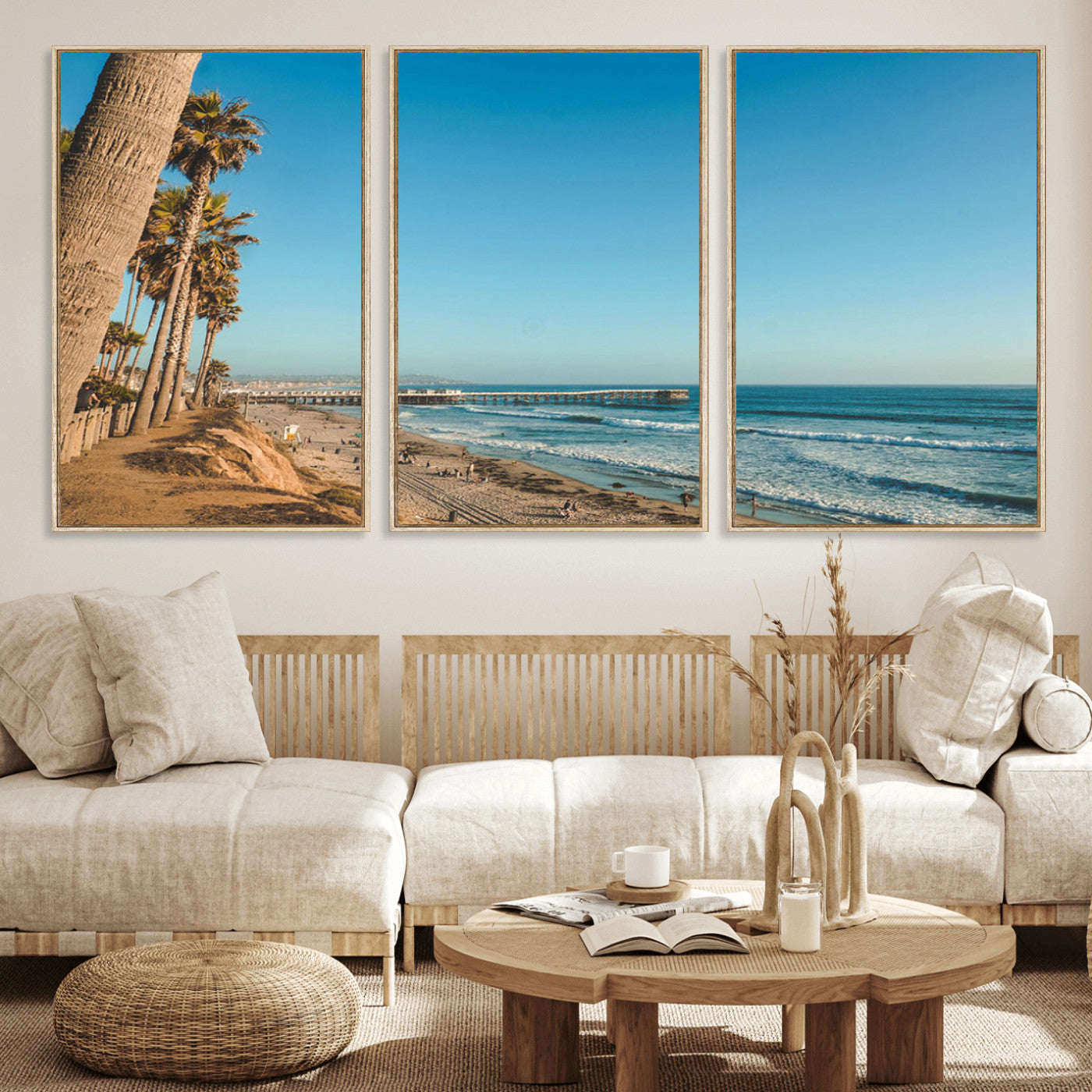 MGV-FC-60X30-3P - Scenic Beach with Tall Palm Trees, Sandy Shore, and Long Pier Stretching into the Calm Ocean Under