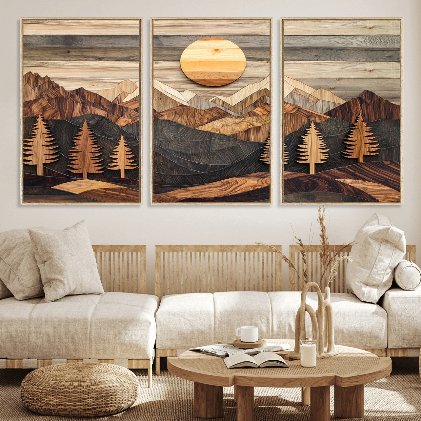 19832326-MGV-FC-60X30-3P - Wooden Mountain Landscape Layered Texture Geometric Shapes Sun Pine Trees Rustic Natural Tones Art