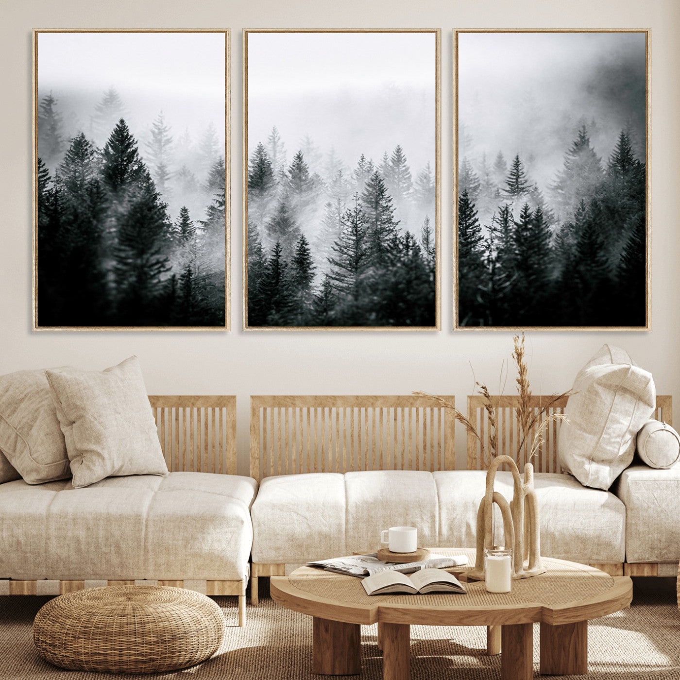 MGV-FC-60X30-3P - Foggy Pine Forest Canvas Wall Art – Black and White Nature Landscape Print, Horizontal Canvas for