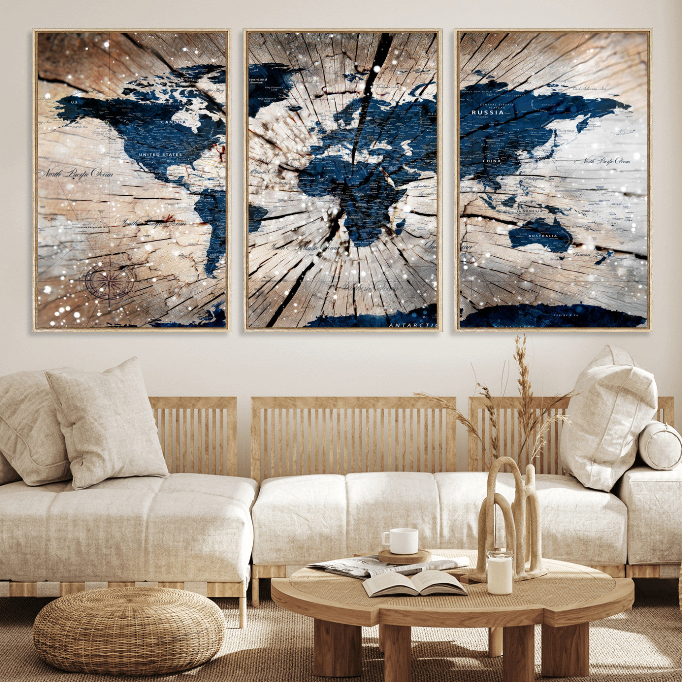 99001695-MGV-FC-60X30-3P - World Map Wall Art Canvas Print, Modern Decorative Framed Map Artwork Prints for Living Room, Office, Bedroom Wall Decor
