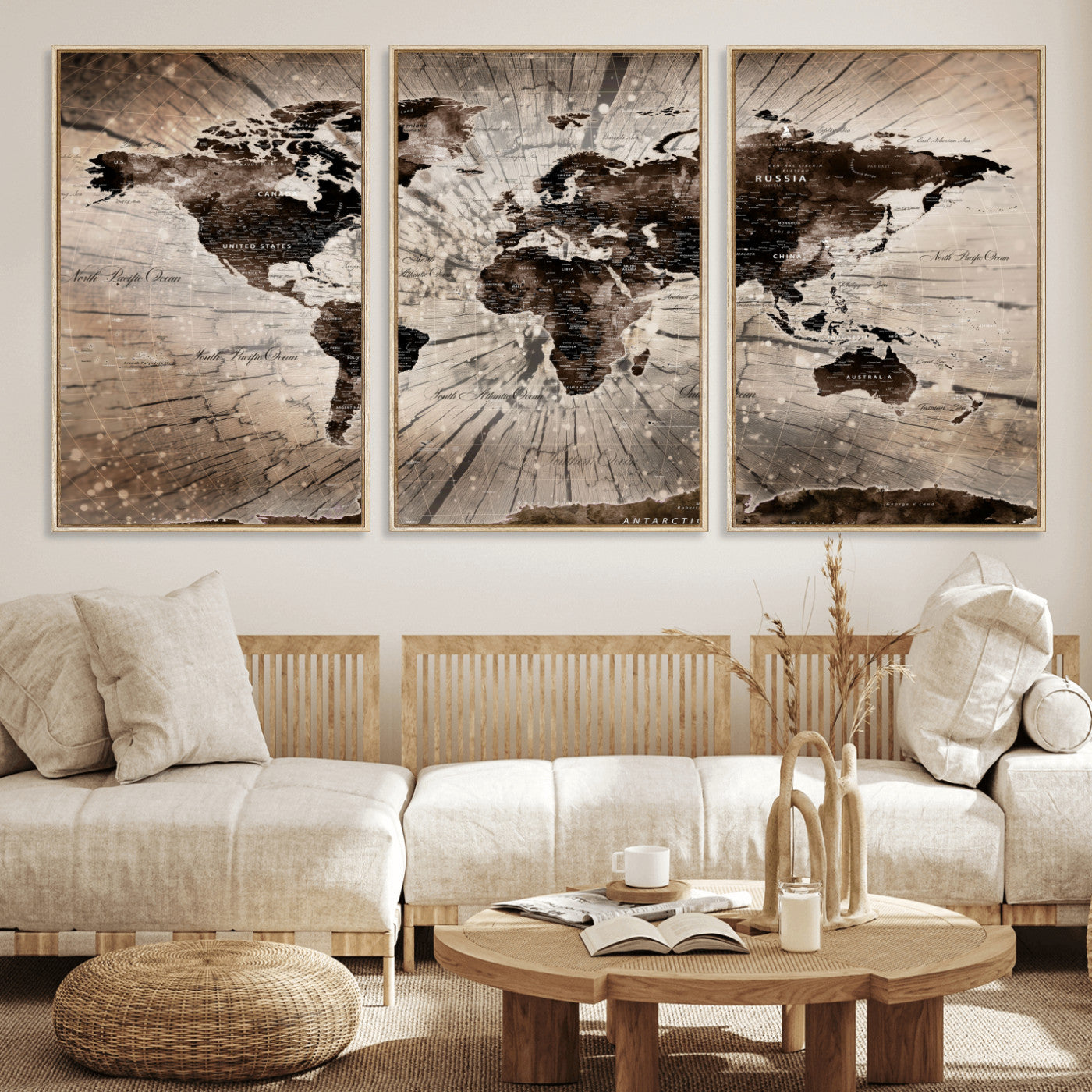 35326624-MGV-FC-60X30-3P - World Map Wall Art Canvas Print, Modern Decorative Framed Map Artwork Prints for Living Room, Office, Bedroom Wall Decor