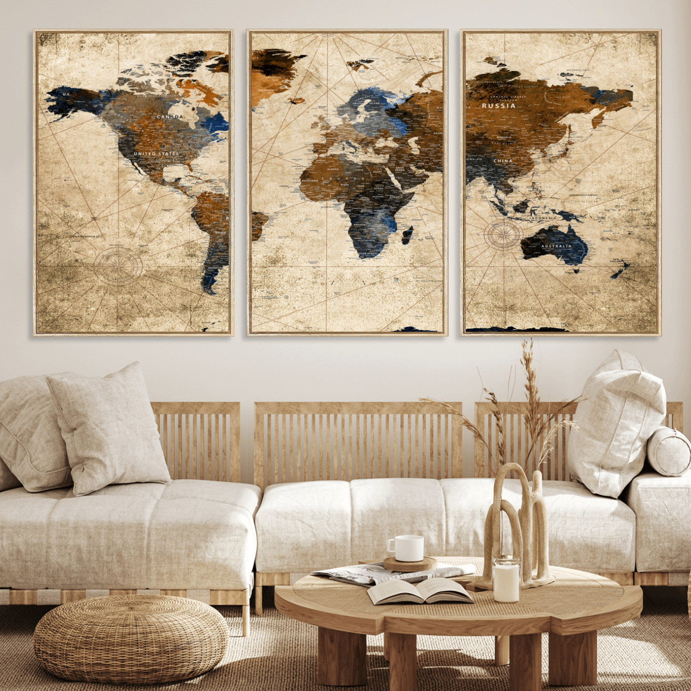 56297284-MGV-FC-60X30-3P - World Map Wall Art Canvas Print, Modern Decorative Framed Map Artwork Prints for Living Room, Office, Bedroom Wall Decor