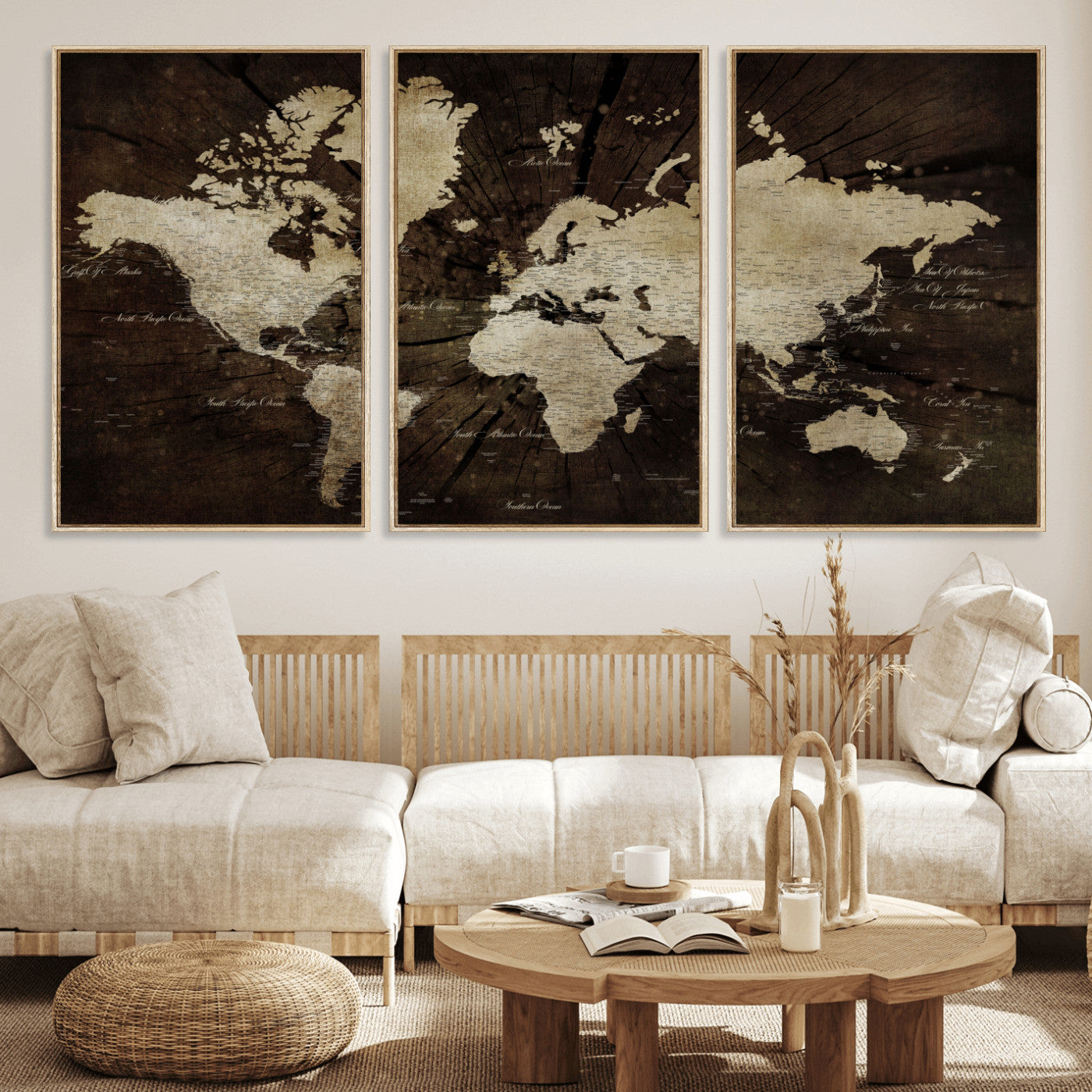 24010397-MGV-FC-60X30-3P - World Map Wall Art Canvas Print, Modern Decorative Framed Map Artwork Prints for Living Room, Office, Bedroom Wall Decor