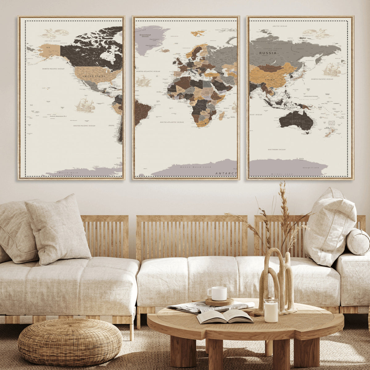 58777746-MGV-CV-36X24 - Custom Beige Modern Push Pin World Map Canvas Print, Places Visited Tracker, Bedroom and Study Decor