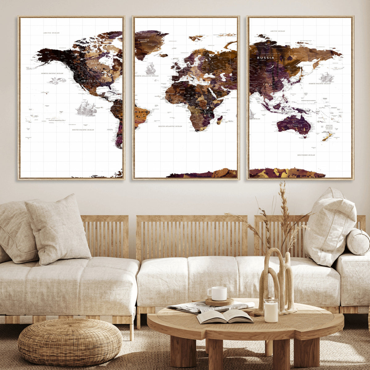 34792695-MGV-CV-36X24 - Rustic World Map Wall Art Canvas Print | Large Vintage Blue World Map on Wood Grain Style Background