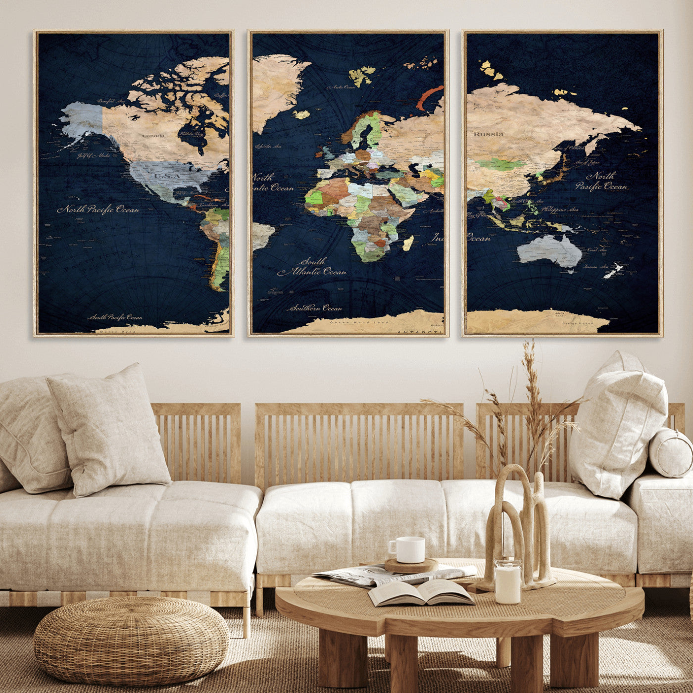 76603563-MGV-CV-36X24 - World Map Wall Art Canvas Print, Modern Decorative Framed Map Artwork Prints for Living Room, Office, Bedroom Wall Decor