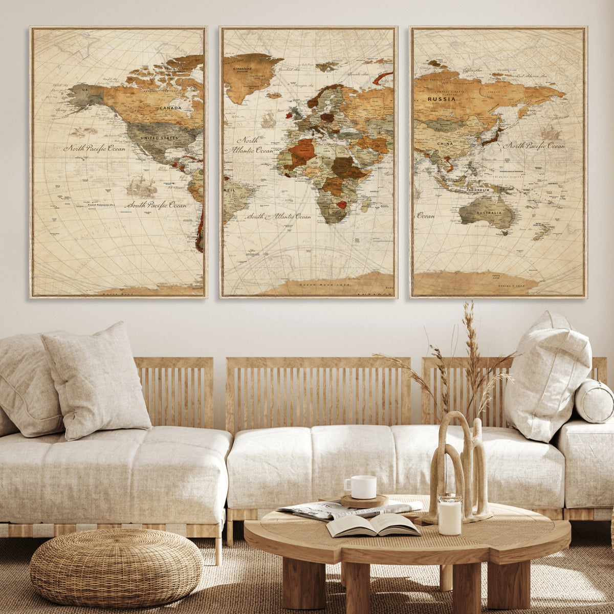 29684537-MGV-CV-36X24 - Vintage World Map Canvas Print, Framed Rustic Detailed Map of the World, Explorer Decor