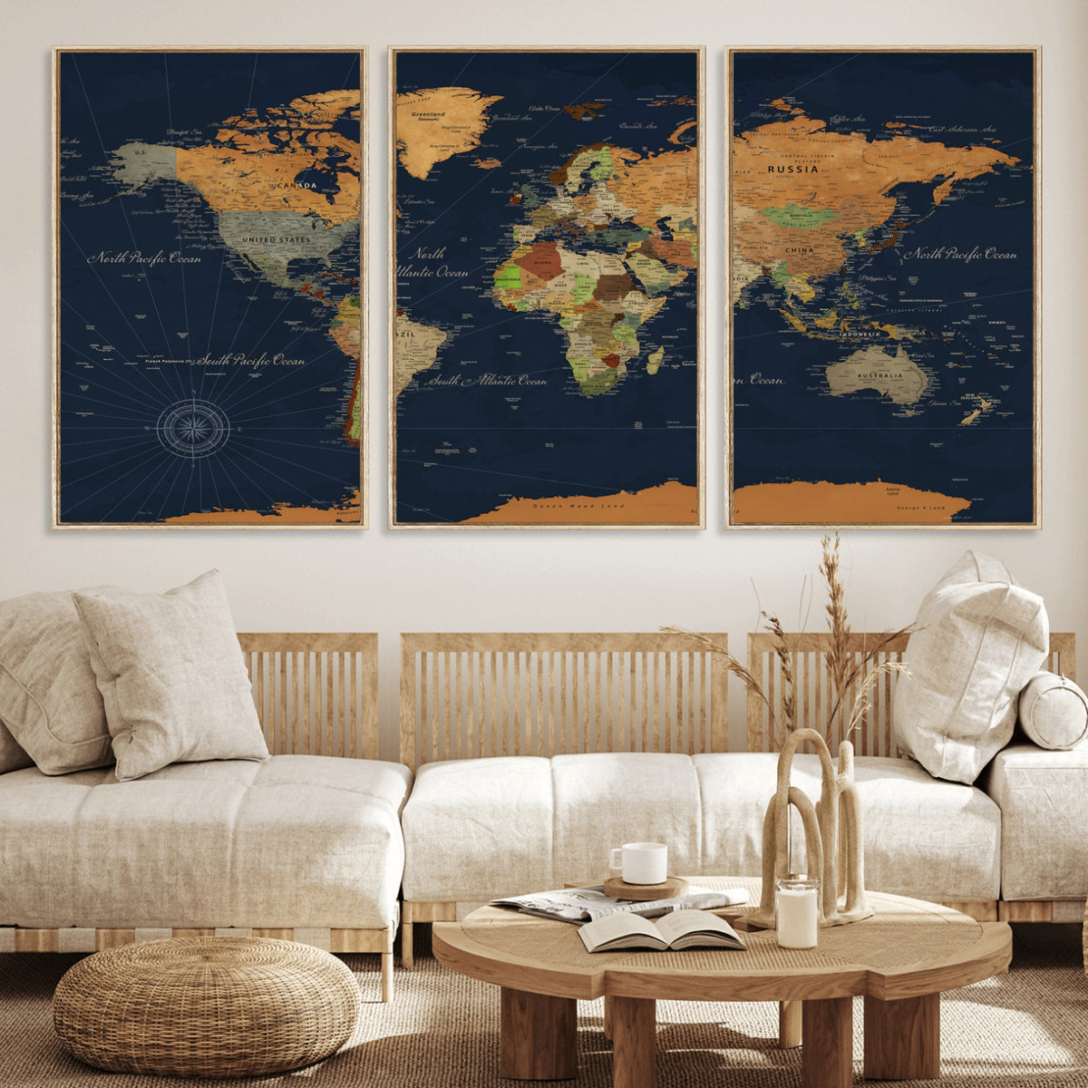 11715182-MGV-CV-36X24 - Modern World Map Canvas Print, Framed Detailed Map of the World Wall Art