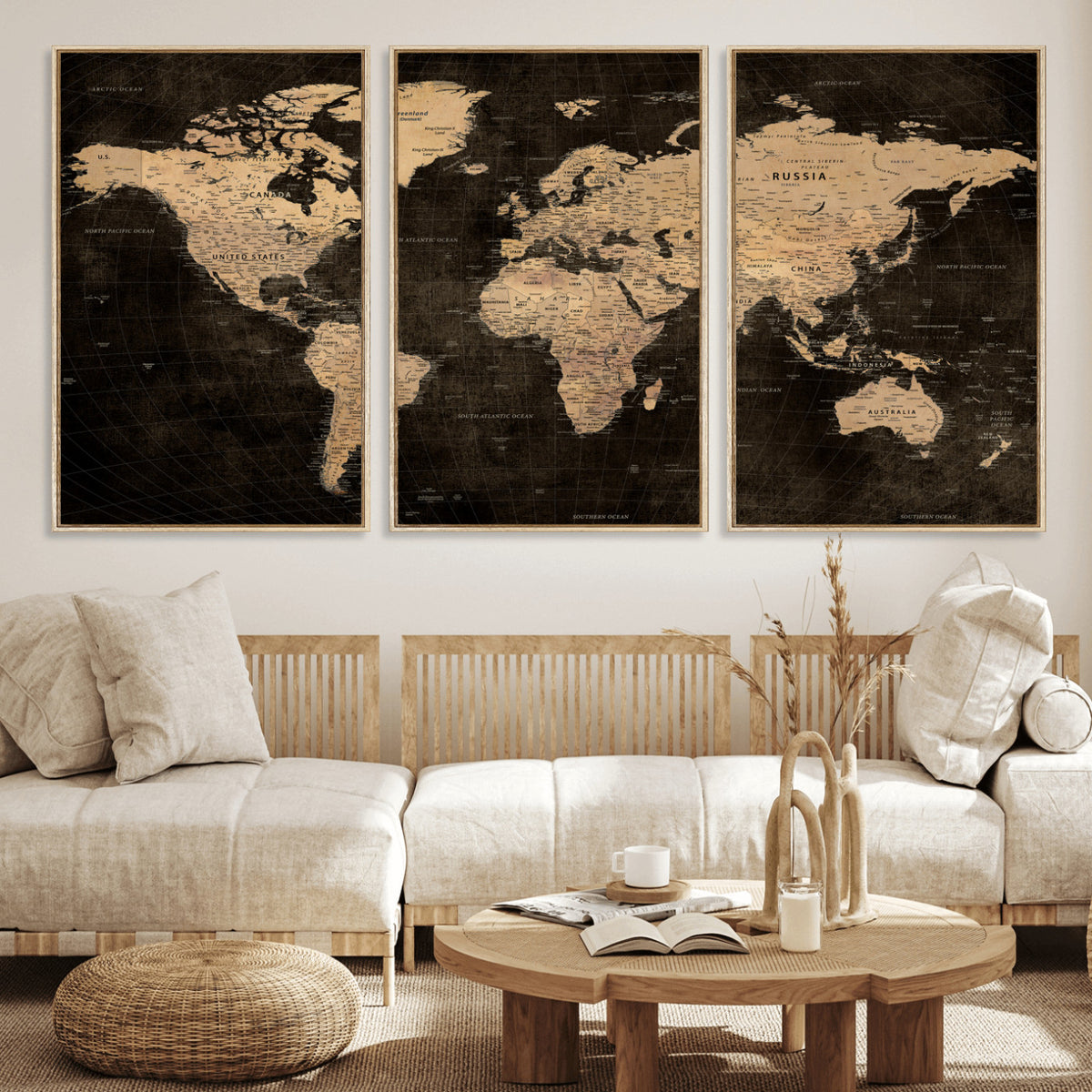 15118265-MGV-CV-36X24 - Brown World Map Canvas Print | Modern Travel Map Wall Art