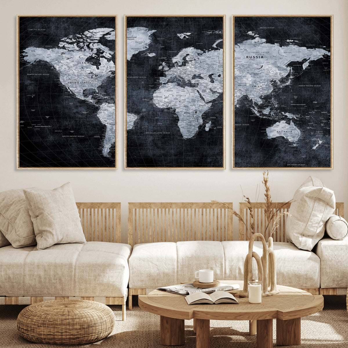 86893704-MGV-CV-36X24 - Black World Map Canvas Print | Detailed Map for Couples and Anniversary Gift