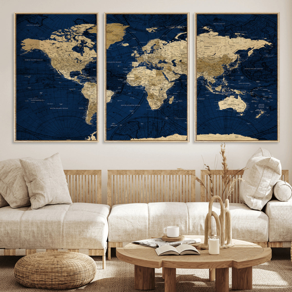 54770746-MGV-CV-36X24 - Navy Blue World Map Canvas Print – Detailed Map Minimal Navy