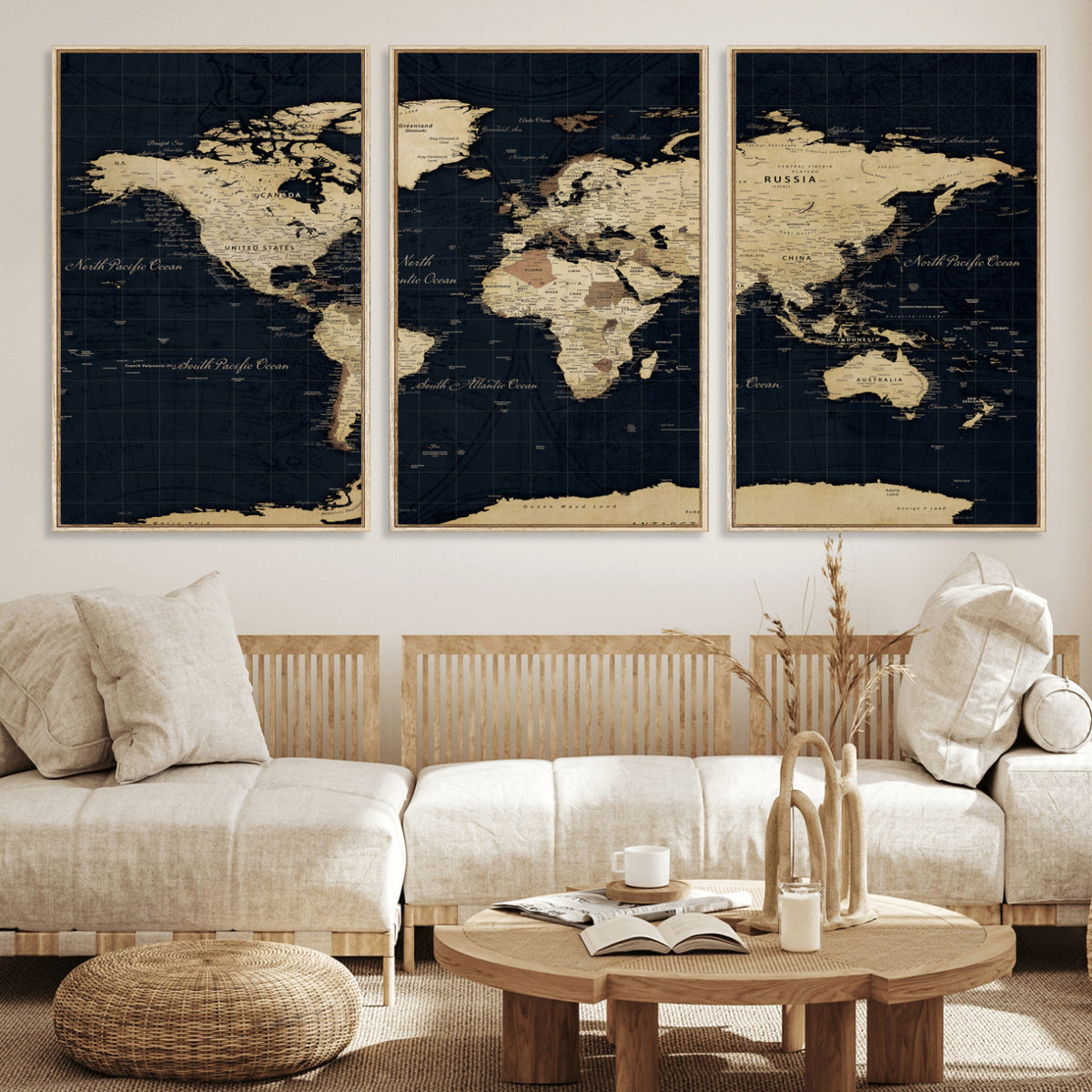 45063434-MGV-CV-36X24 - Dark World Map Canvas Wall Art Print, Minimal Black and Gold Map