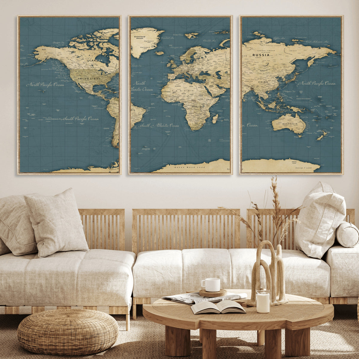 99599383-MGV-CV-36X24 - Minimal Vintage World Map Canvas Wall Art Print, Neutral